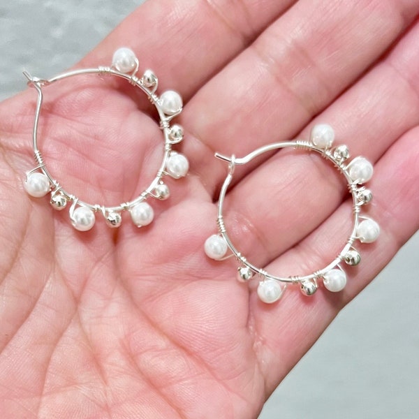 Pearl Hoop Earrings, pearl brides jewelry, tiny wire wrapped hoops, pearl beads hoop earrings, gemstone hoops, brides jewelry,