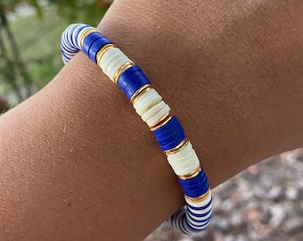 Heishi Bead Bracelet, beaded disc stretch bracelet, stacking beaded bracelets, blue heishi bracelet, blue, gold and white bracelet