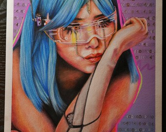 Original Cyberpunk Girl / Buntstift Zeichnung auf 24 x 32 cm