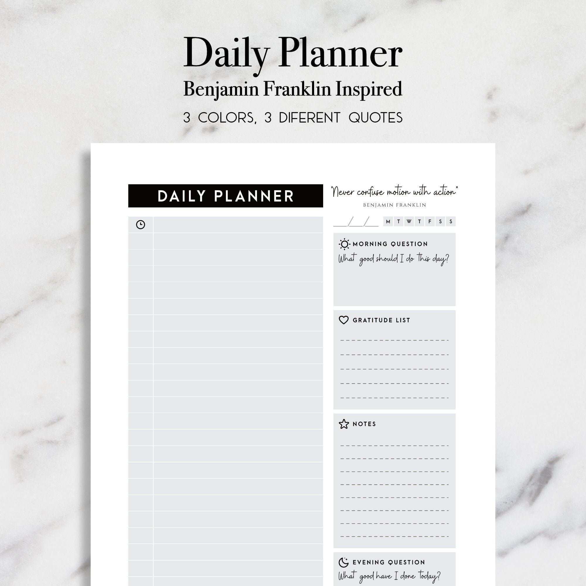 Minimalist Daily Planner Benjamin Franklin Inspired Us Etsy