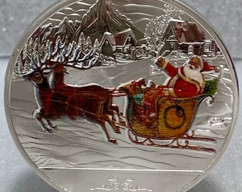 Merry Christmas and Happy New Year Santa Claus On His Sleigh Dashing through the Snow Coin With Reindeer Silver Trim