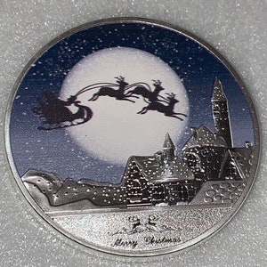10 Pieces of Merry Christmas and Happy New Year Santa Claus Delivering Presents Coin With Reindeer Silver Trim