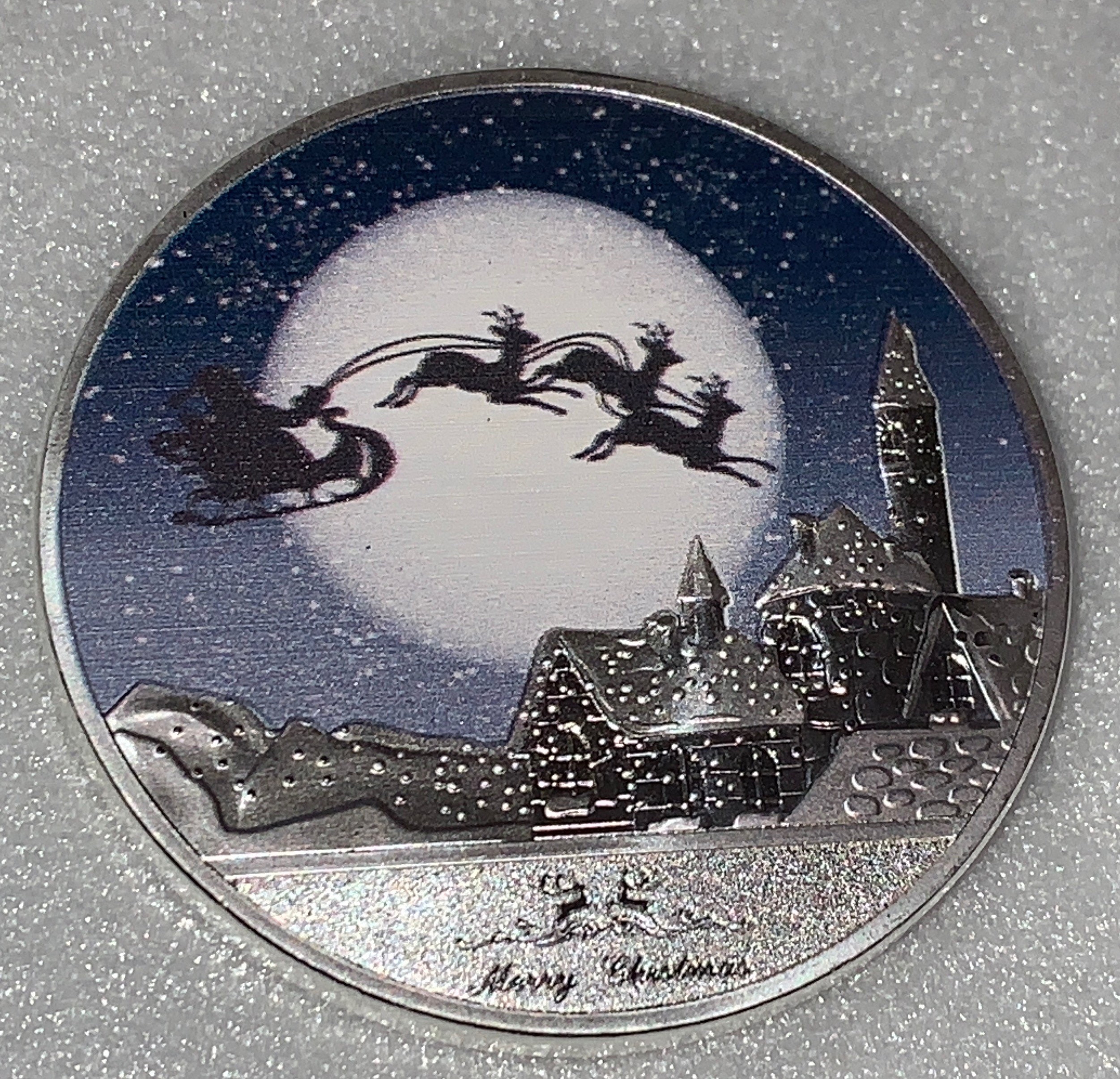 10 Pieces of Merry Christmas and Happy New Year Santa Claus Delivering Presents Coin With Reindeer Silver Trim