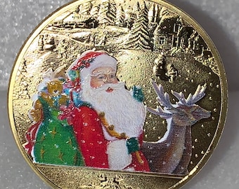 Merry Christmas and Santa Claus Delivering Presents Gold Trim Coin With Reindeer