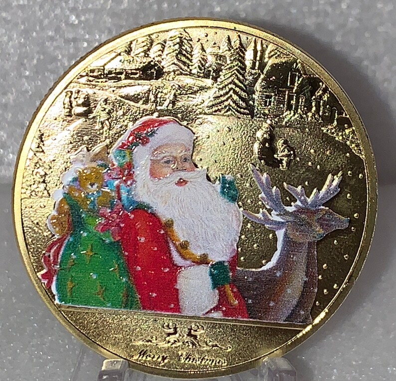 Merry Christmas and Santa Claus Delivering Presents Coin With Re