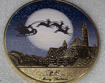 Merry Christmas and Happy New Year Santa Claus Delivering Presents Coin With Reindeer Gold Trim