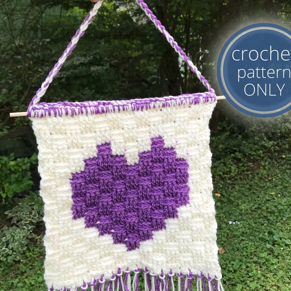 Crochet Tapestry Pattern: Heart in a Basket Wall Hanging. Handmade Crochet Knit Tapestry. Valentine's Day macrochet wall hanging