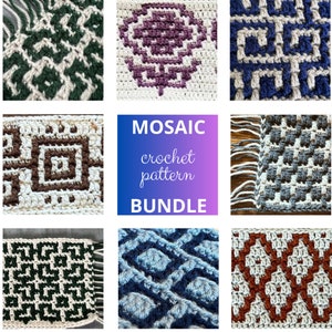 Może przedstawiać: Kolekcja wzorów szydełkowych mozaikowych w różnych kombinacjach kolorystycznych. Wzory obejmują geometryczne i kwiatowe wzory w odcieniach zieleni, bieli, brązu, niebieskiego i fioletu. Obraz zawiera tekst "MOSAIC crochet pattern BUNDLE".
