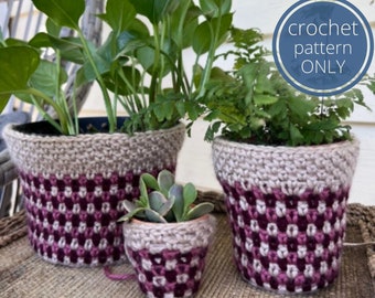 PDF Plant Pot Cover Crochet Pattern using Striped Moss Stitch Crochet. Easy Indoor plant pot cozy pattern that's beginner-friendly