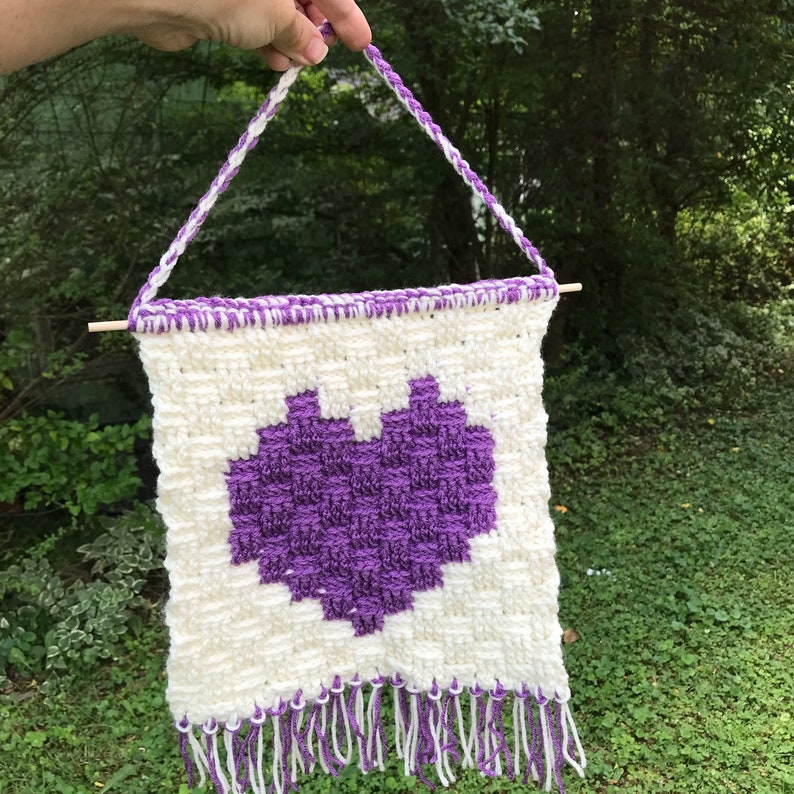 Crochet Pattern: Heart in a Basket Wall Hanging Handmade Crochet Knit Tapestry image 1