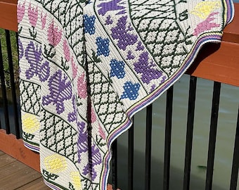 Mönster för virkad filt med mosaikblommor, Aran-filt för avancerade nybörjare, mönster i PDF-format