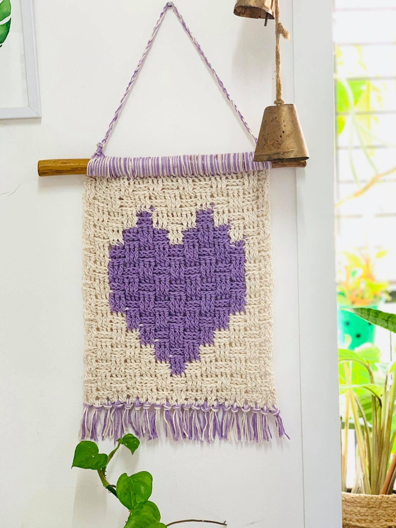 Crochet Pattern: Heart in a Basket Wall Hanging Handmade Crochet Knit Tapestry image 3