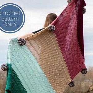 May include: A colour-blocked crochet blanket featuring vertical stripes in dark green, light mint, tan, and deep burgundy. The blanket is adorned with multi-coloured pom-poms along the edges. A circular blue graphic contains the text crochet pattern ONLY.