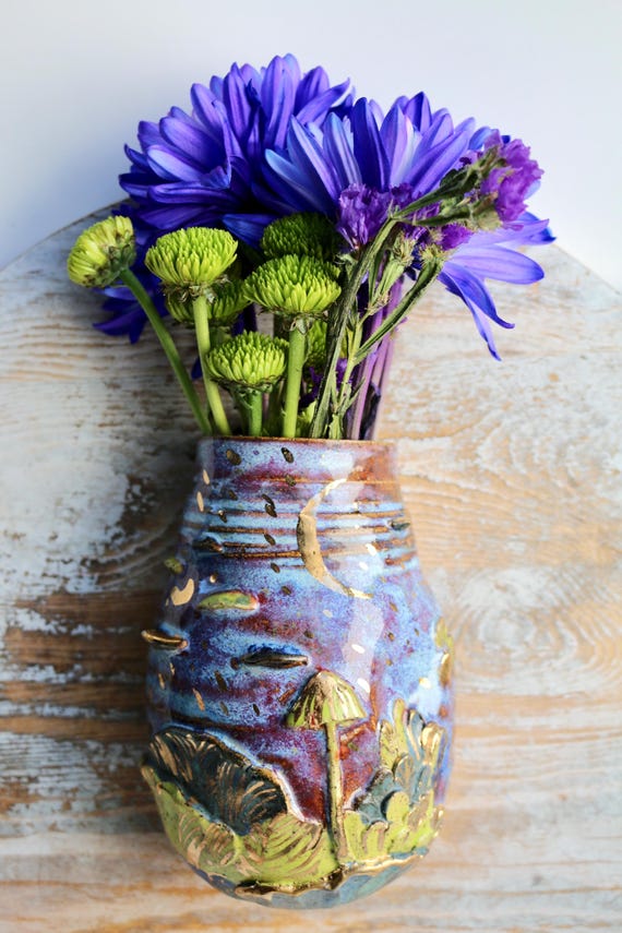 Enchanting Handmade Ceramic Wall Vase - Moonlit Forest, Mushroom Design