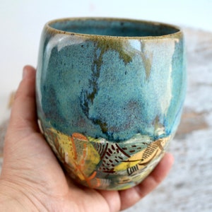 Unique handmade ceramic small vase with abstract hand painting in gold and turquoise