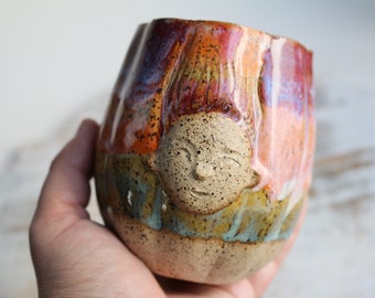 Artisan Made Unique Ceramic Mug For Coffee Lover, Handmade Pottery Magical Face Cup