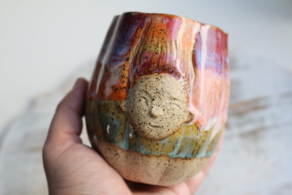 Artisan Made Unique Ceramic Mug For Coffee Lover, Handmade Pottery Magical Face Cup