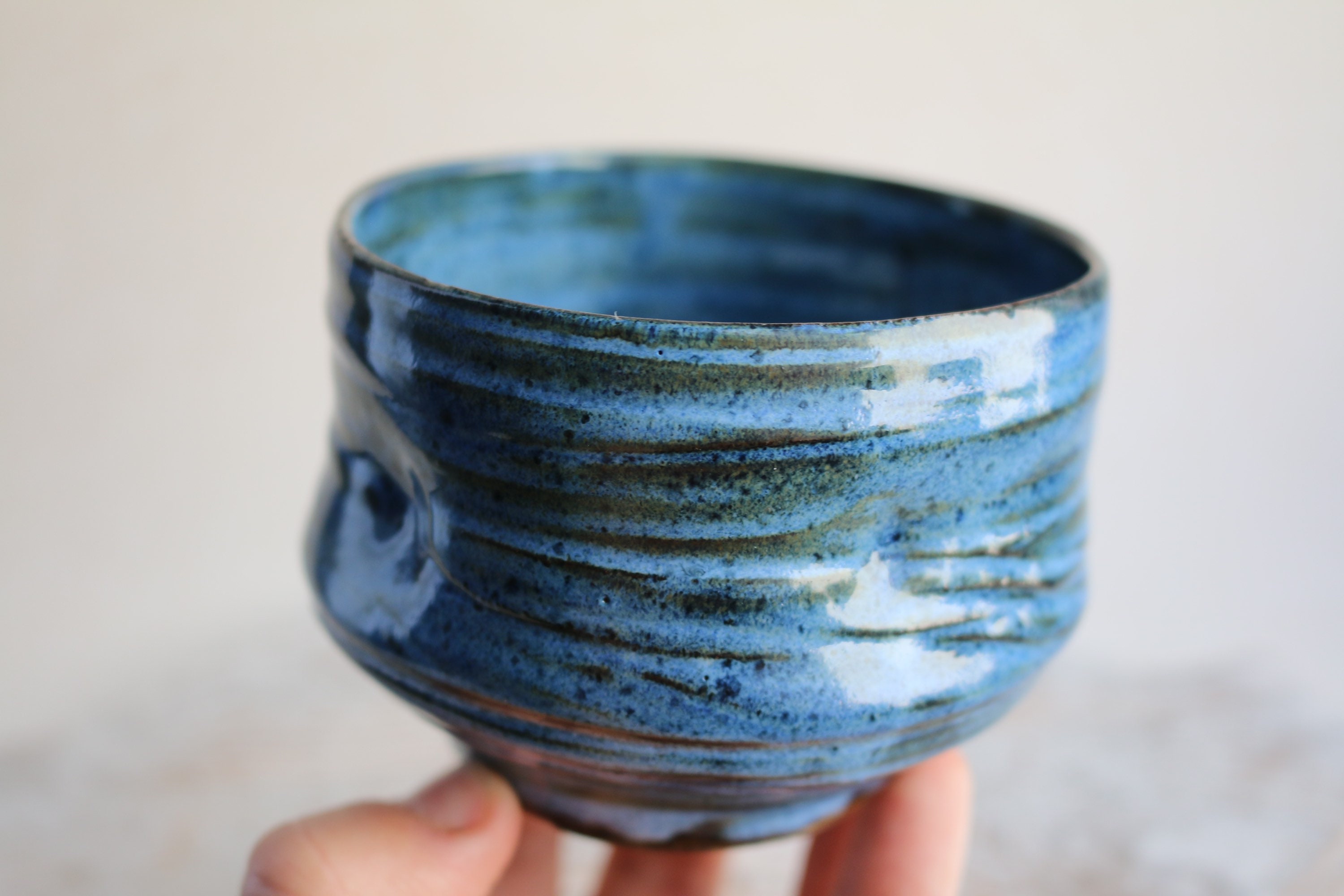 Matcha Chawan Tea Bowl Small MINO YAKI Ceramic Pottery Pale Turquoise Blue Rice Bowl Traditional Earthenware Made in Japan 