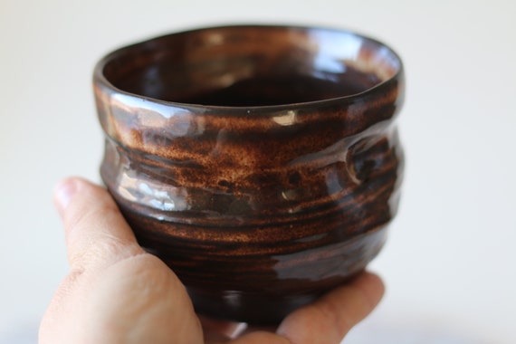 Dark brown coffee ceramic mug no handle. Ceramic tea cup. Brown  tea bowl. wabi sabi style. For coffee or tea lovers. Matcha lovers.