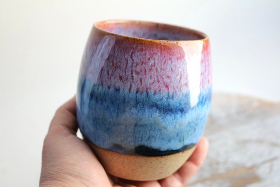 Purple and blue pottery coffee mug handmade no handle  by Kiparuk Art. Ceramic coffee cup handmade. Wine cup. For coffee lovers.