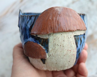 Handmade Mushroom Ceramic Bowl with Unique Handmade Relief - Blue Color