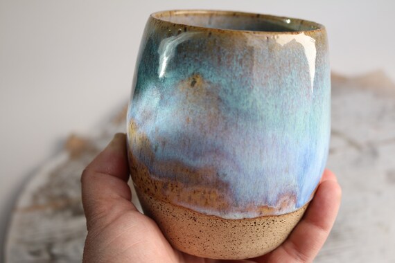 Light blue pottery coffee mug handmade no handle  by Kiparuk Art. Ceramic coffee cup handmade. Wine cup. For coffee lovers.
