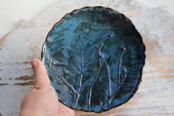 Art plate with handmade botanical relief by KiparukArt. Botanical plate.