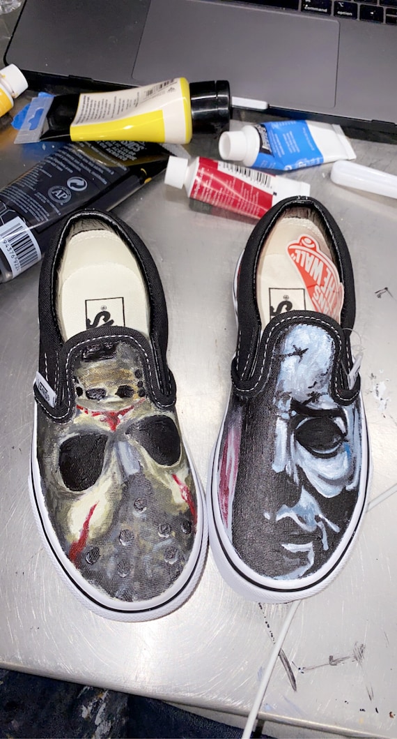 Custom Horror Shoes | Hand Painted Slip-On Sneakers | Jason Voorhees & Michael Myers Shoes | Halloween Gift | Horror Movie Fan Art Footwear