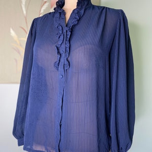 Vintage Navy Chiffon Pinstripe Secretary Blouse- Long Sleeve Ruffle M/L