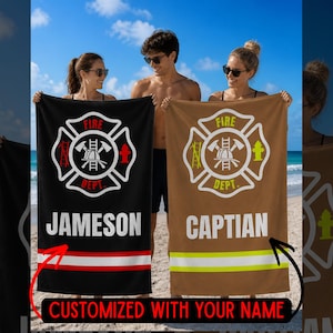 Custom Firefighter Beach Towel – Personalized Name Towel – Fire Dept Gift – Firefighter Gift – Beach, Pool, Cottage Towel