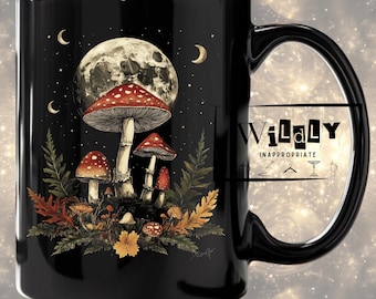 Taza de café con diseño de hongo celestial – Taza negra con estampado floral bohemio de 443 ml (15 oz)