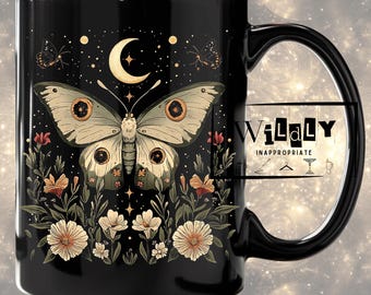 Floral Moth Coffee Mug | Celestial Witchy Black Glossy 15oz