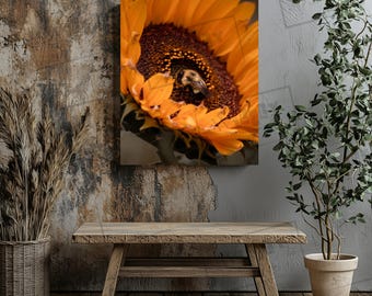 Bee on Sunflower Canvas Print – Nature Photography Wall Art