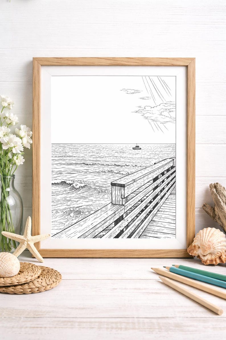 Seaside Pier Coloring Page – Ocean Waves, Beach Relaxation Scene ...