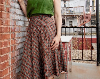 Red Grey Plaid Wool Blend Skirt
