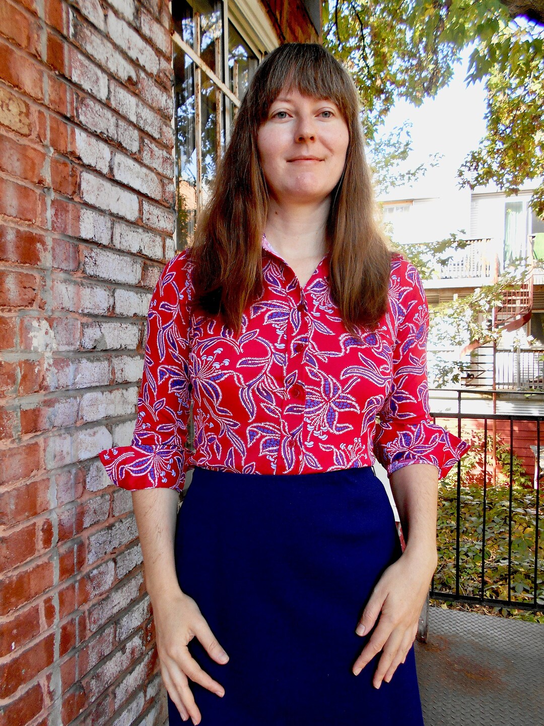 Vintage Print Button Blouse with Underlay - L main image 1