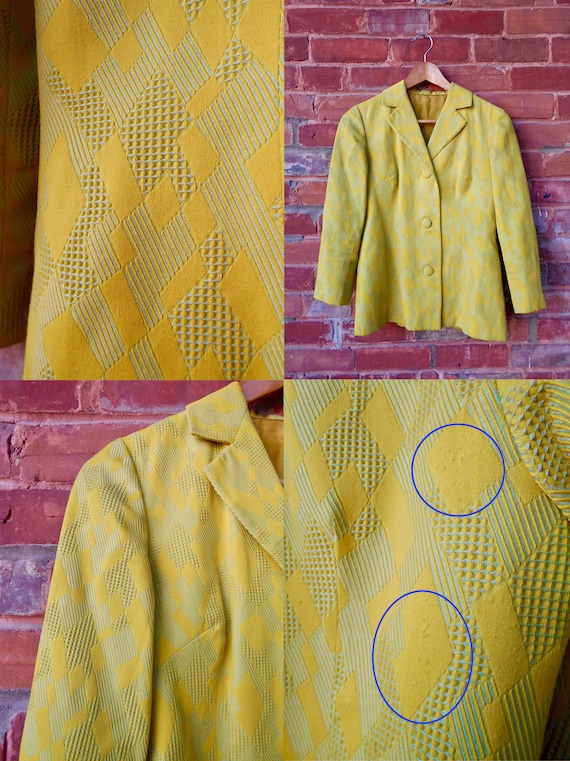 60s Yellow Blazer / Geometric Jacquard Pattern / S - image 10