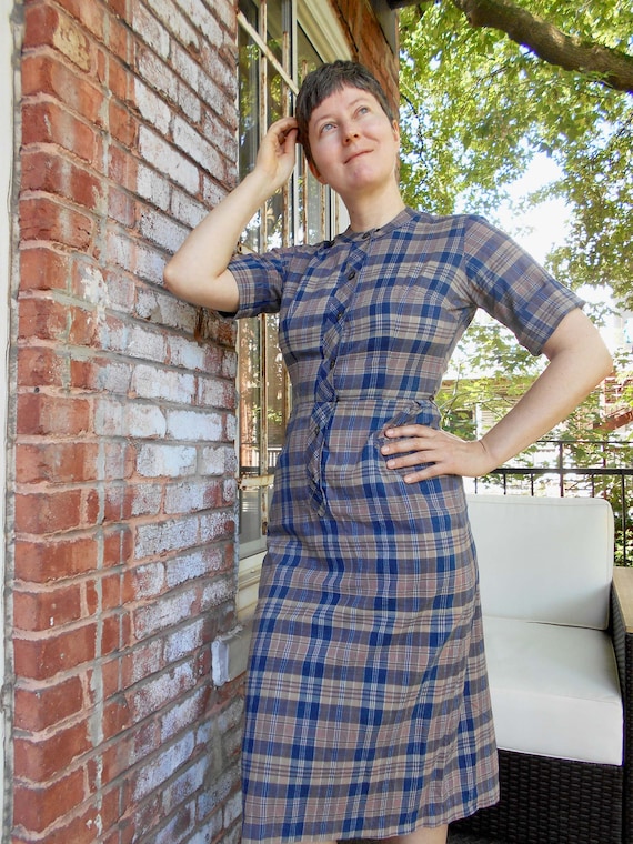 blue plaid dress vintage Authentic Austrian Dress Vintage Plaid Prairie : Green Blue Tartan, White Lace Trim, Cottagecore Midi
