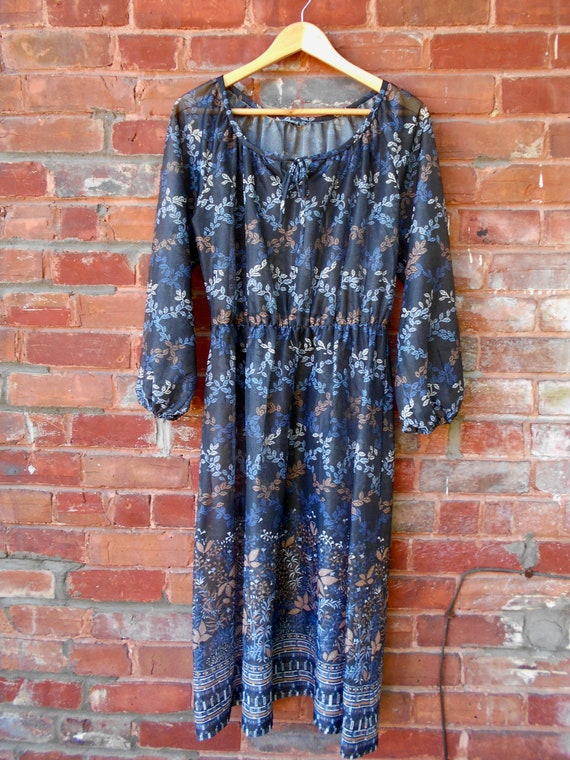 Romantic Sheer Charcoal Grey Floral Dress 70s - image 7