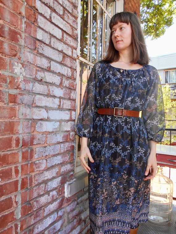 Romantic Sheer Charcoal Grey Floral Dress 70s - image 3