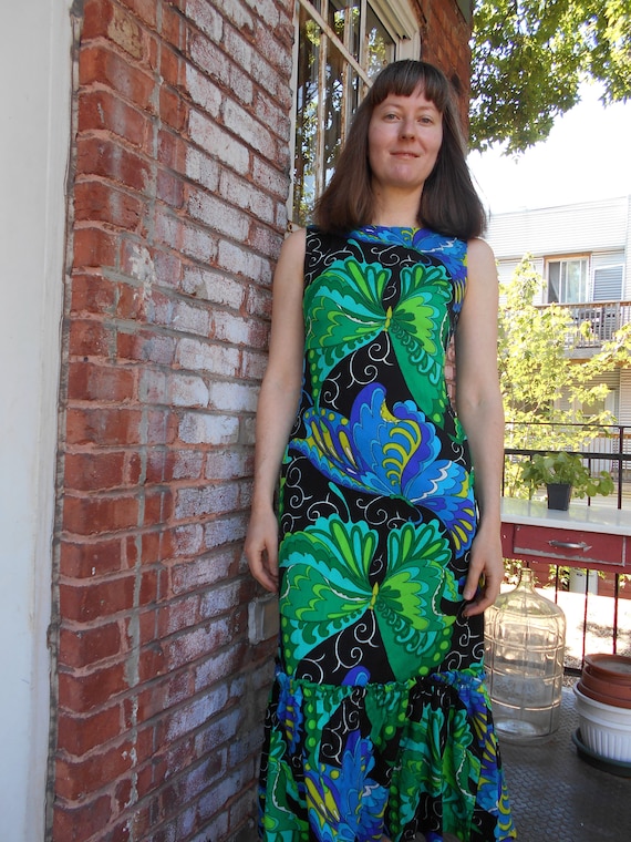 Psychedelic Butterfly Print Maxi Dress with Ruffle