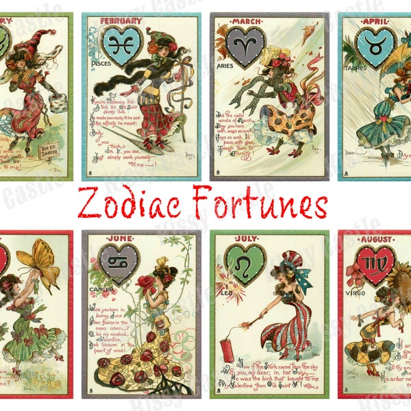 Zodiac Fortune Digital Printable Collage Sheet -Instant Download- ATC Sized Vintage Postcard Images