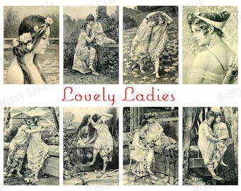 Lovely Ladies Digital Printable Collage Sheet - Instant Download - ATC Sized Vintage Postcard Images