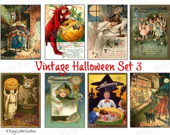 Set 3: Vintage Halloween Digital Printable Collage Sheet - Instant Download - ATC Sized Postcard Images