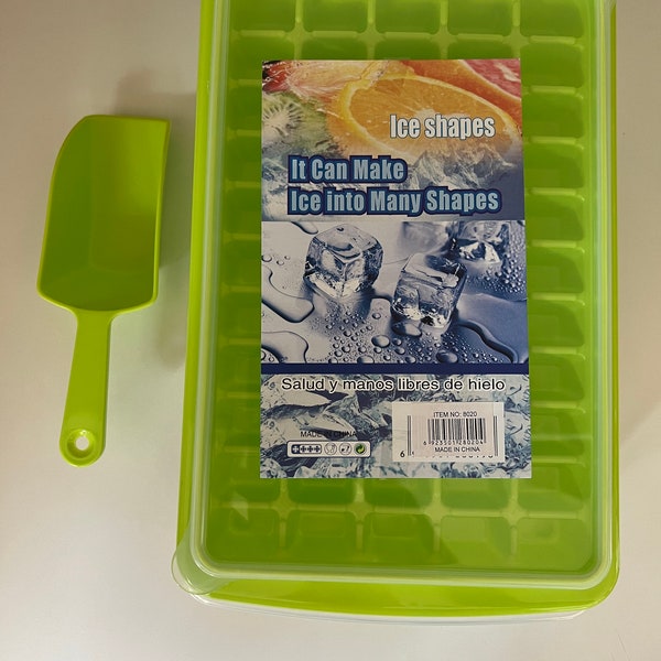 Ice Cube Tray with Bin Lid and Scoop, Green 55 Cavity Ice Cube Tray BPA Free Child Safe. Space Saving and Stackable For Home and RV.