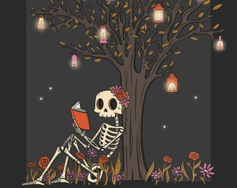 Skeleton Reading Under Lantern Lit Tree - Digital Art Print