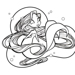 Desenho de sereia fofa com cabelo comprido para colorir e imprimir