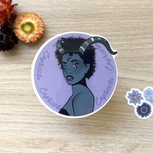 Capricorn Zodiac Black Woman in Purple, Single Sticker, Waterproof, Vinyl