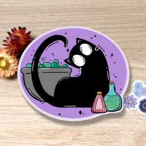 Witchy Black Cat With Potions Waterproof Die-Cut Vinyl Sticker