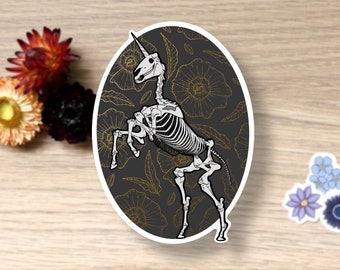 Unicorn Skeleton With Gold Floral Background, Single Sticker, Waterproof, Vinyl